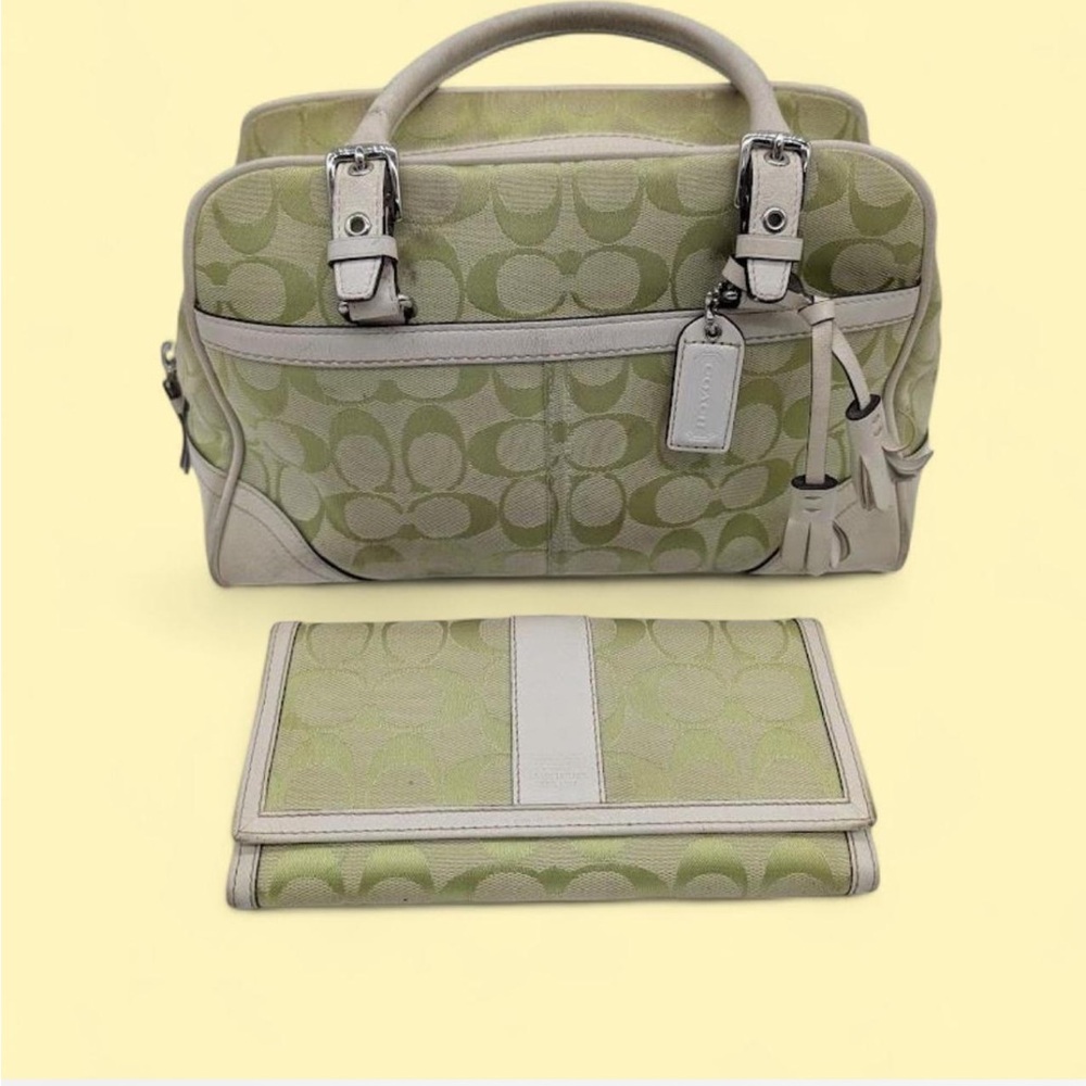 Coach Lime green monogram canvas satchel with wallet.